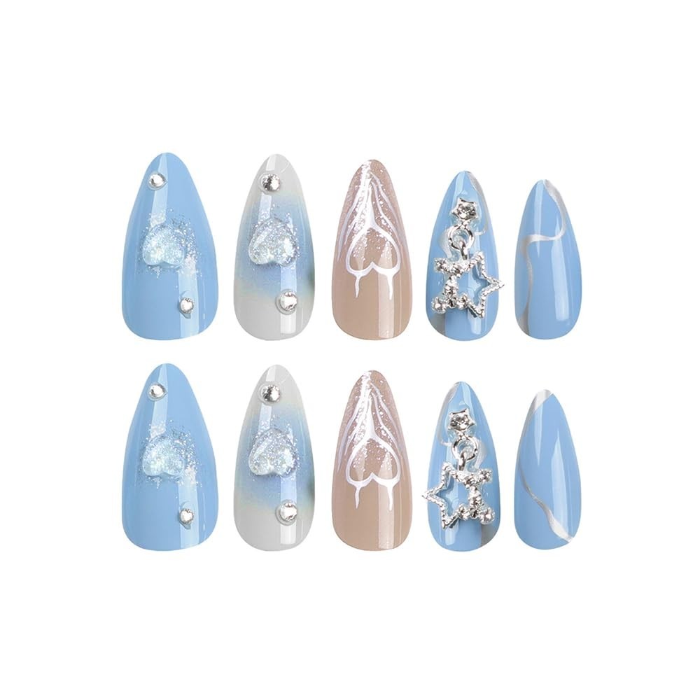 Secret Lives Glossy Reusable Artificial Blue Brown Color with 3D Heart 24 Nails