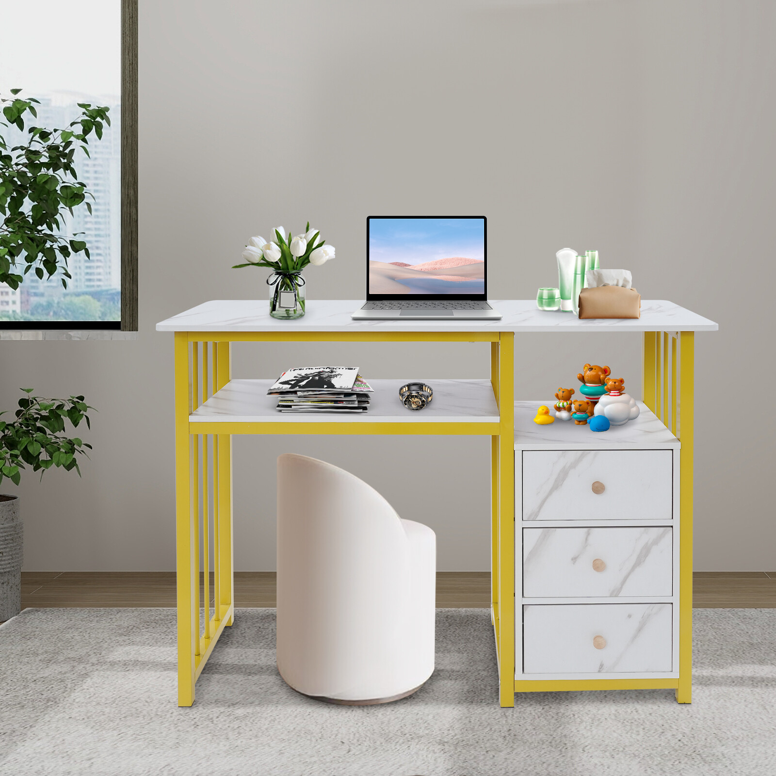 Marbling Texture Nail Desk Manicure Table Station Manicure Desk with 3 Drawers