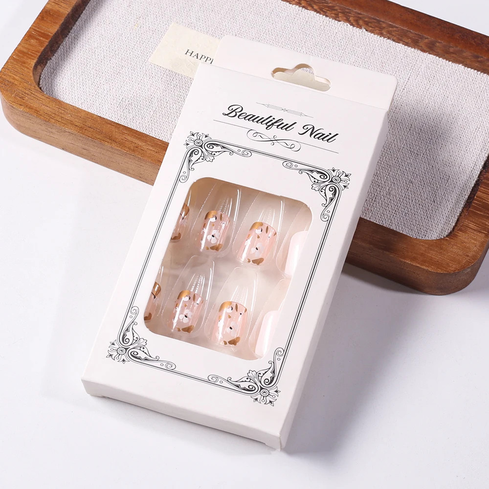 24Pcs Multicolor Floral Round Square Head Acrylic Full Cover Tips Press On Nails