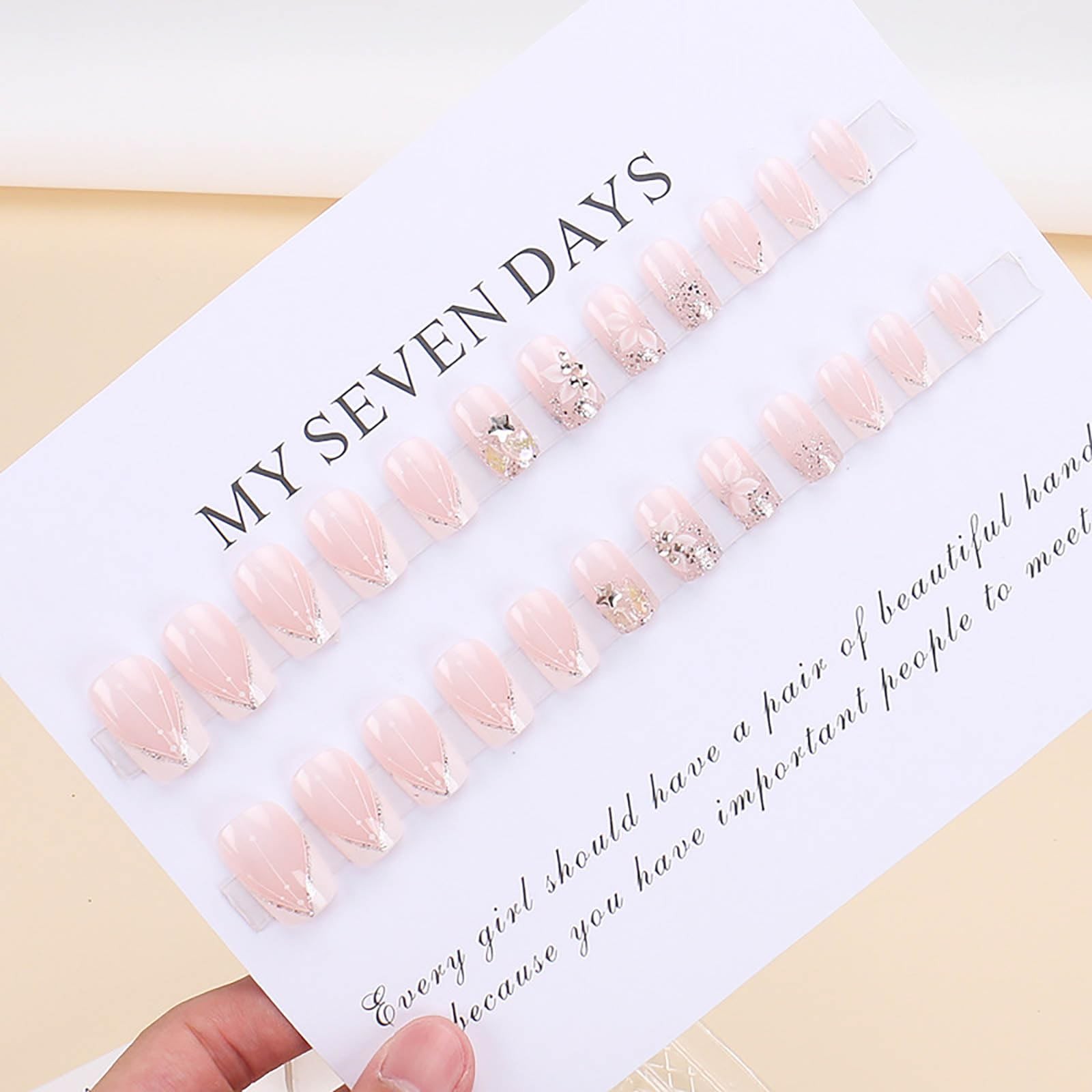 Square Press-on Nails – White French Tip Fake Nails with Glitter Designs, Med…