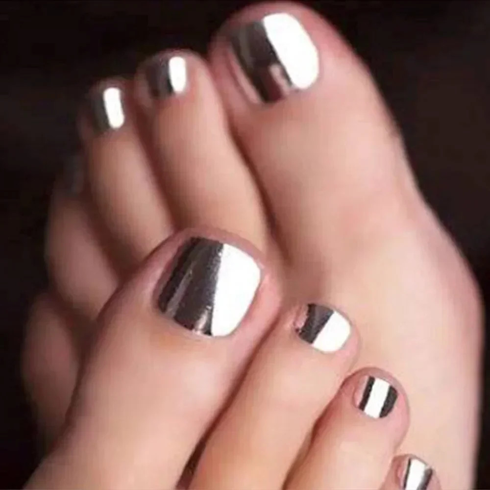 24pcs Sequins Full Cover Short Square Artificial Fake Toenails for Women Foot