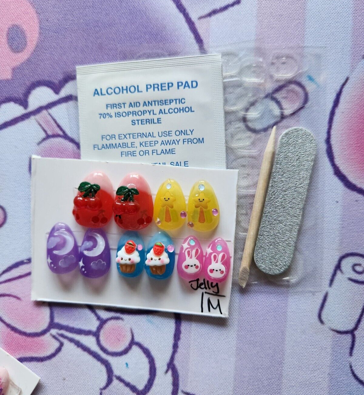 Hand Painted “Fun Jelly” Extra Short Almond Length Press On Nails (size M)