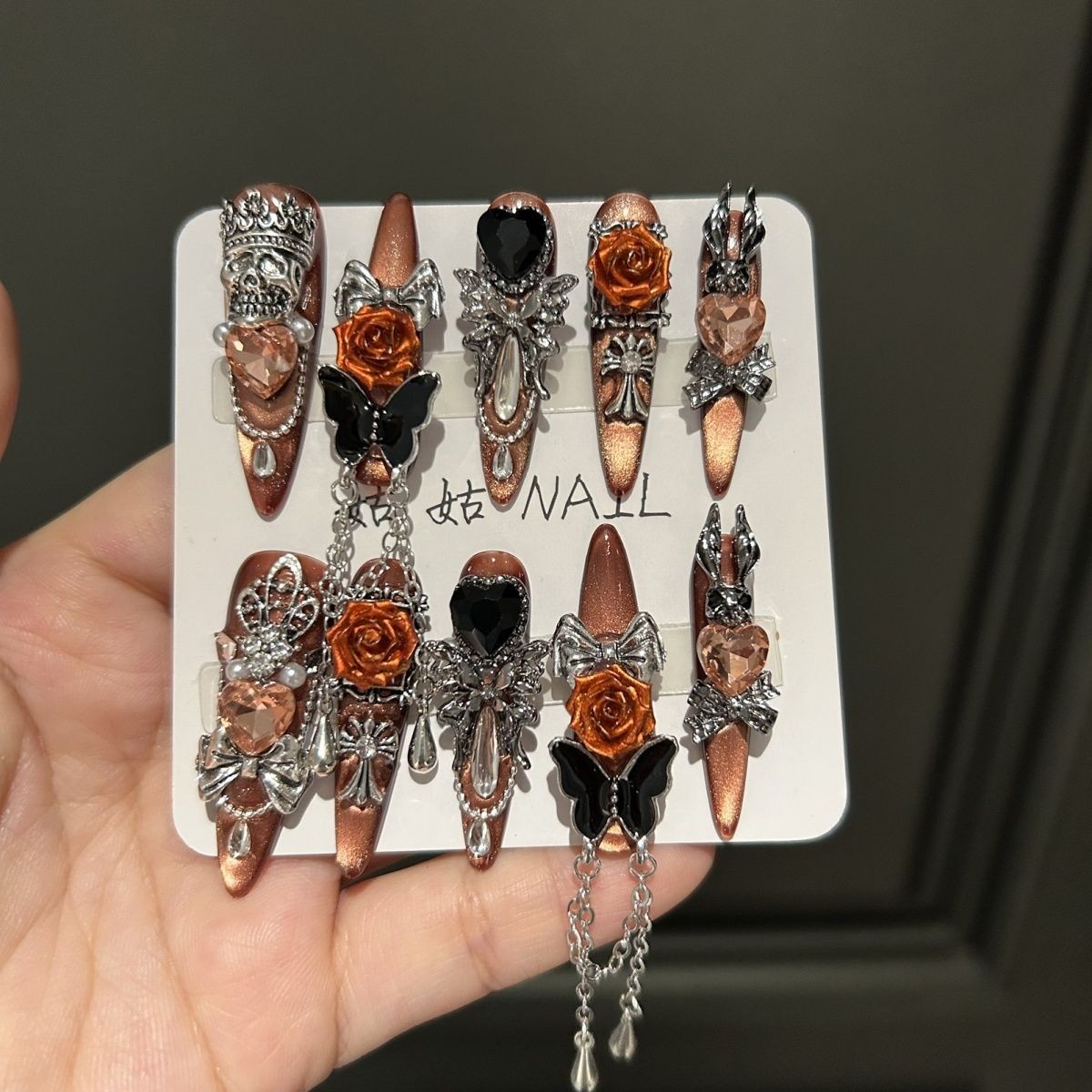 Dark Luxury Handmade Black Press On Nails Long Full Diamond