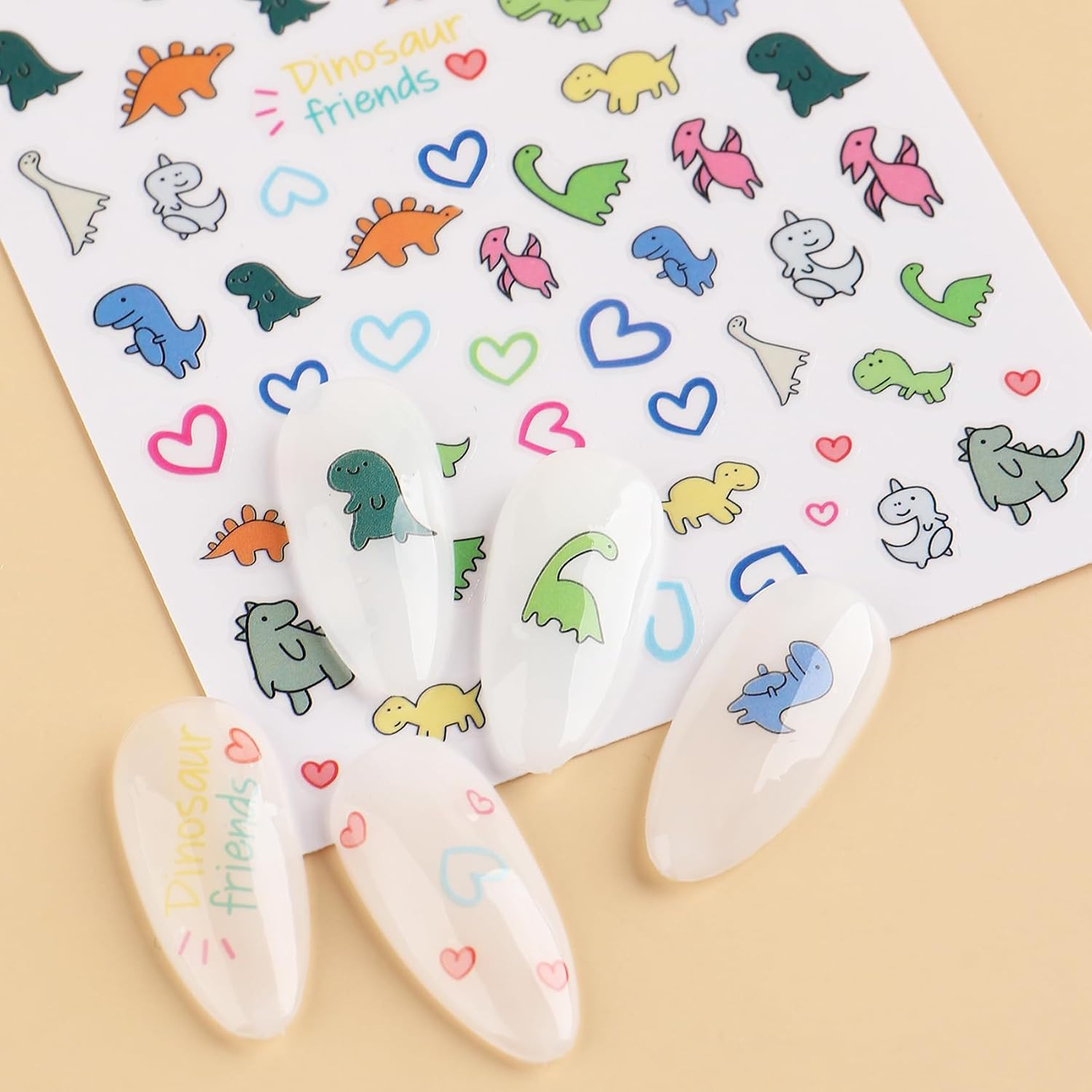 Dinosaur Nail Art Stickers for Kids- Cute Cartoon Designs, 3D Self-Adhesive Hear