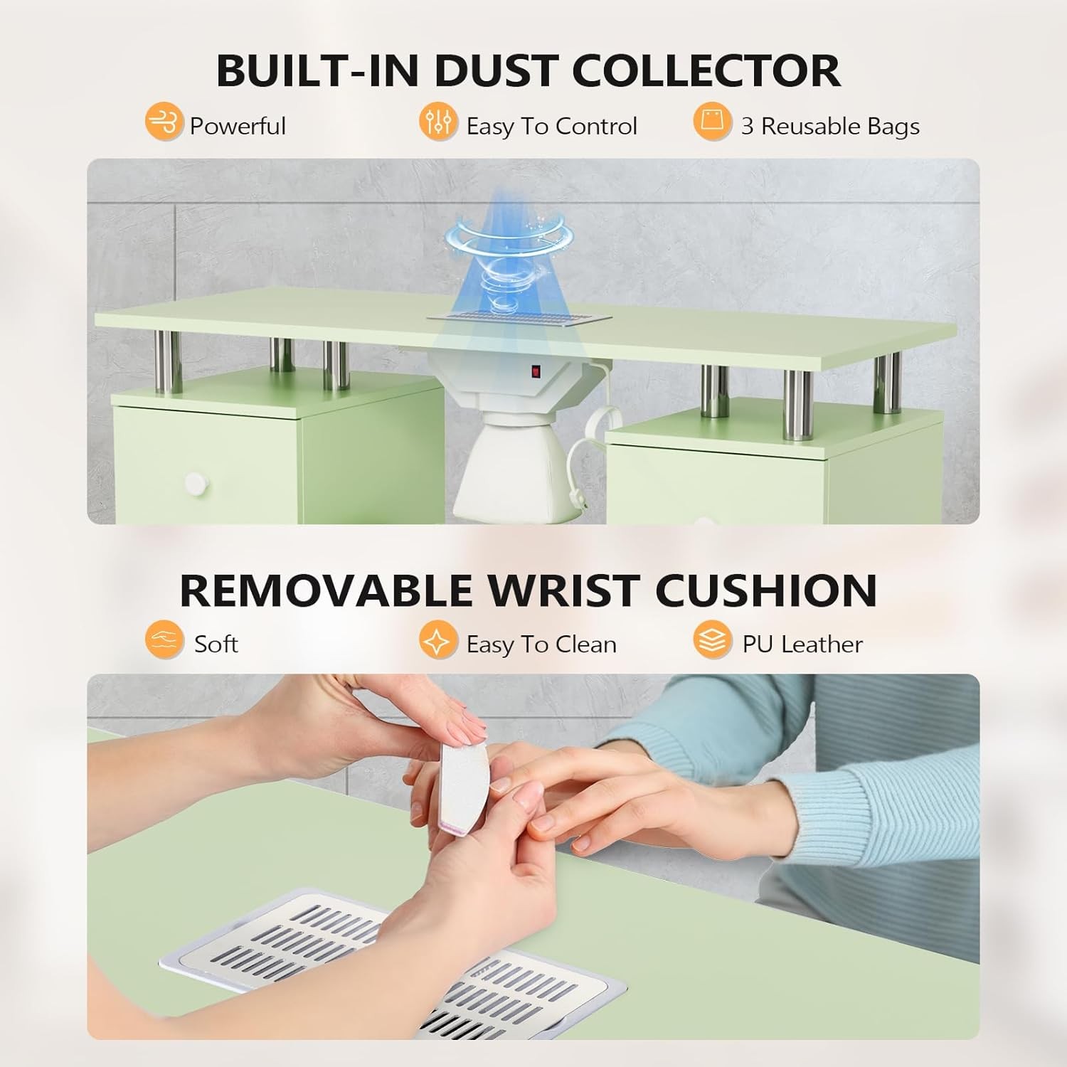 Salon Nail Desk Set with Stool, Drawers, Dust Collector, Smooth Rolling Wheels
