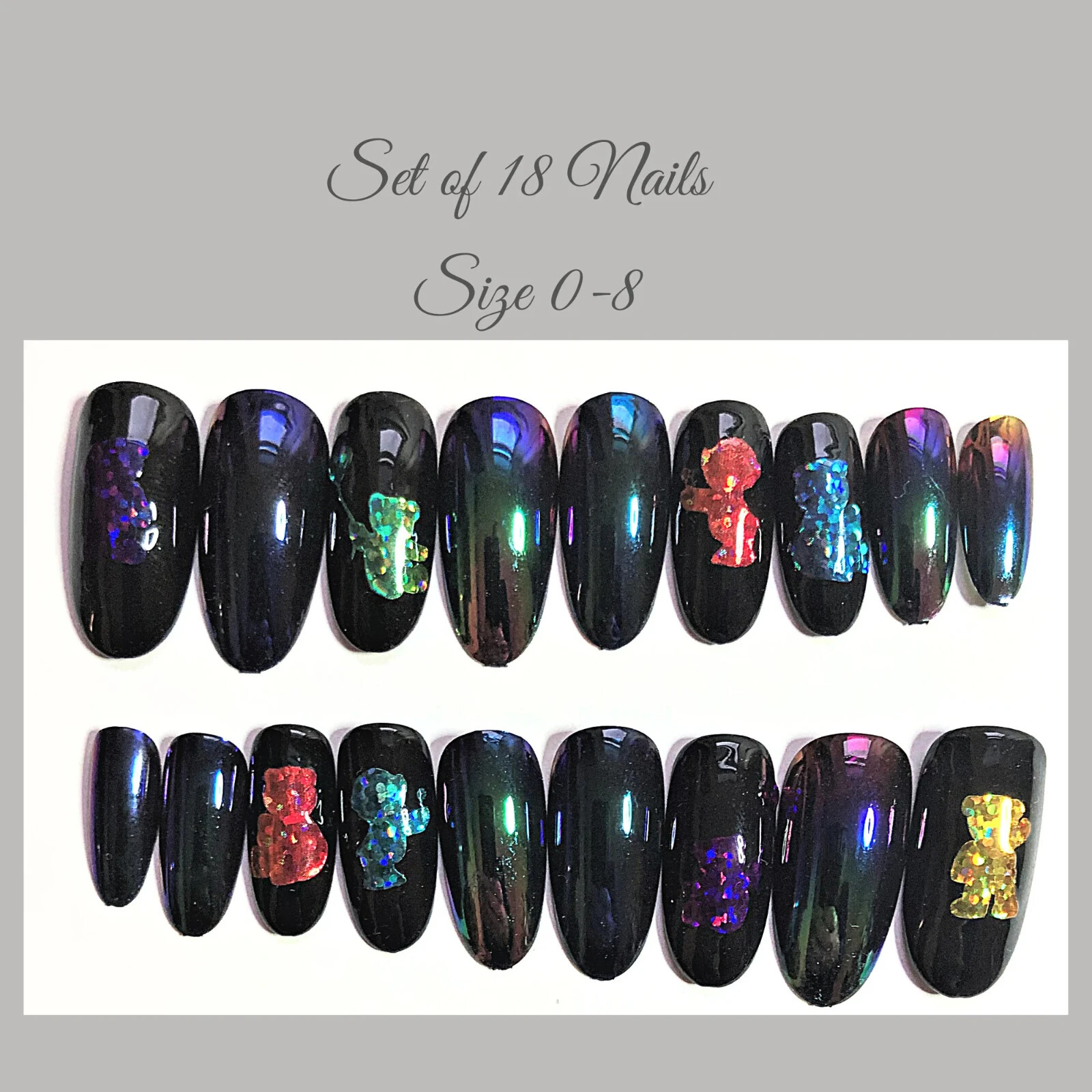 Rainbow Bears and Holo Aurora Press-On Nail Set – Long Round (Size 0-8)
