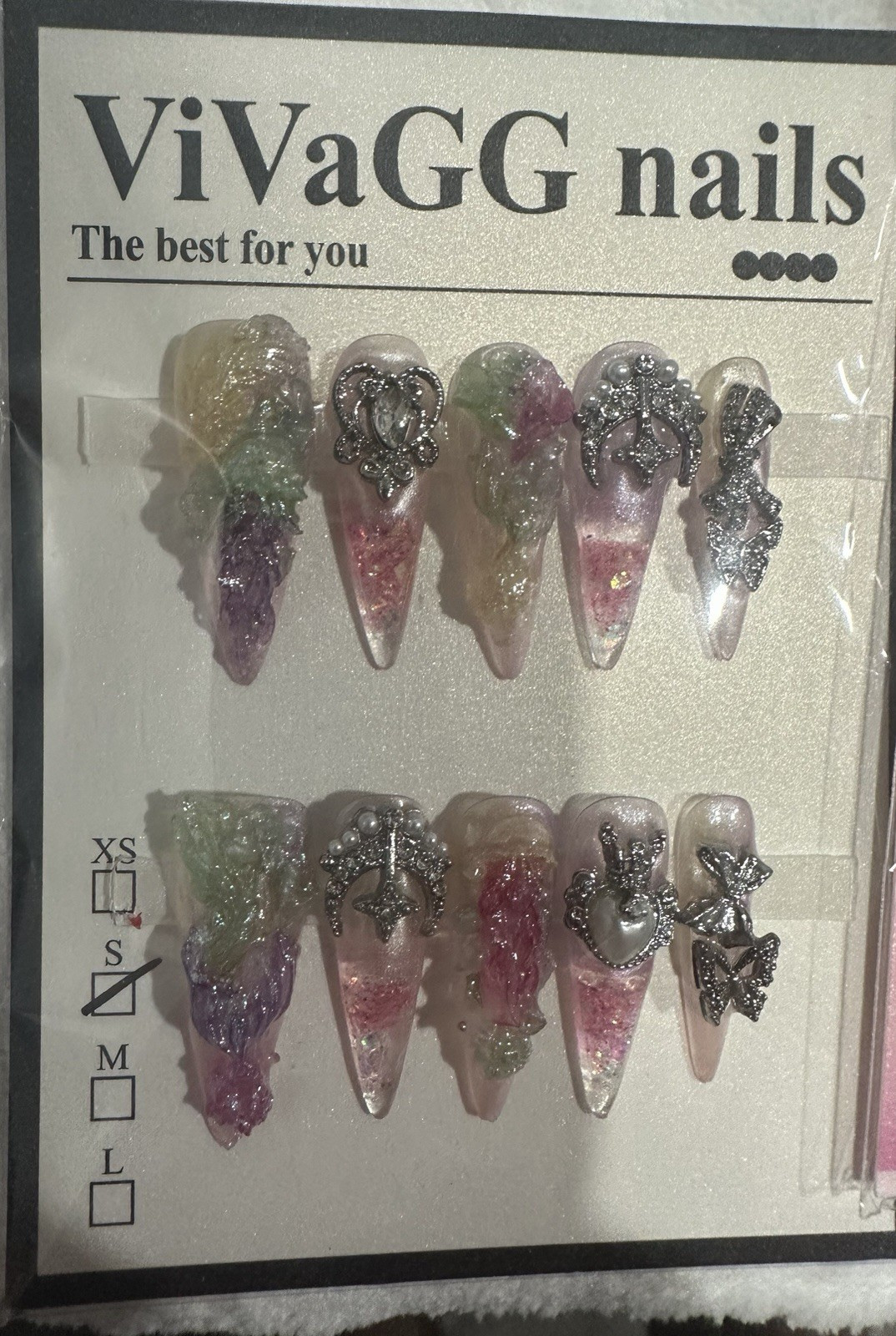 ViVaGG Press-On Nails Small Stiletto Multicolor 3D Glitter Full Cover Set small