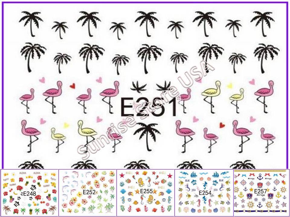 11 Designs 3D Nail Art Sticker Summer Aloha Palm Tree Bird Seashell Flag Decals