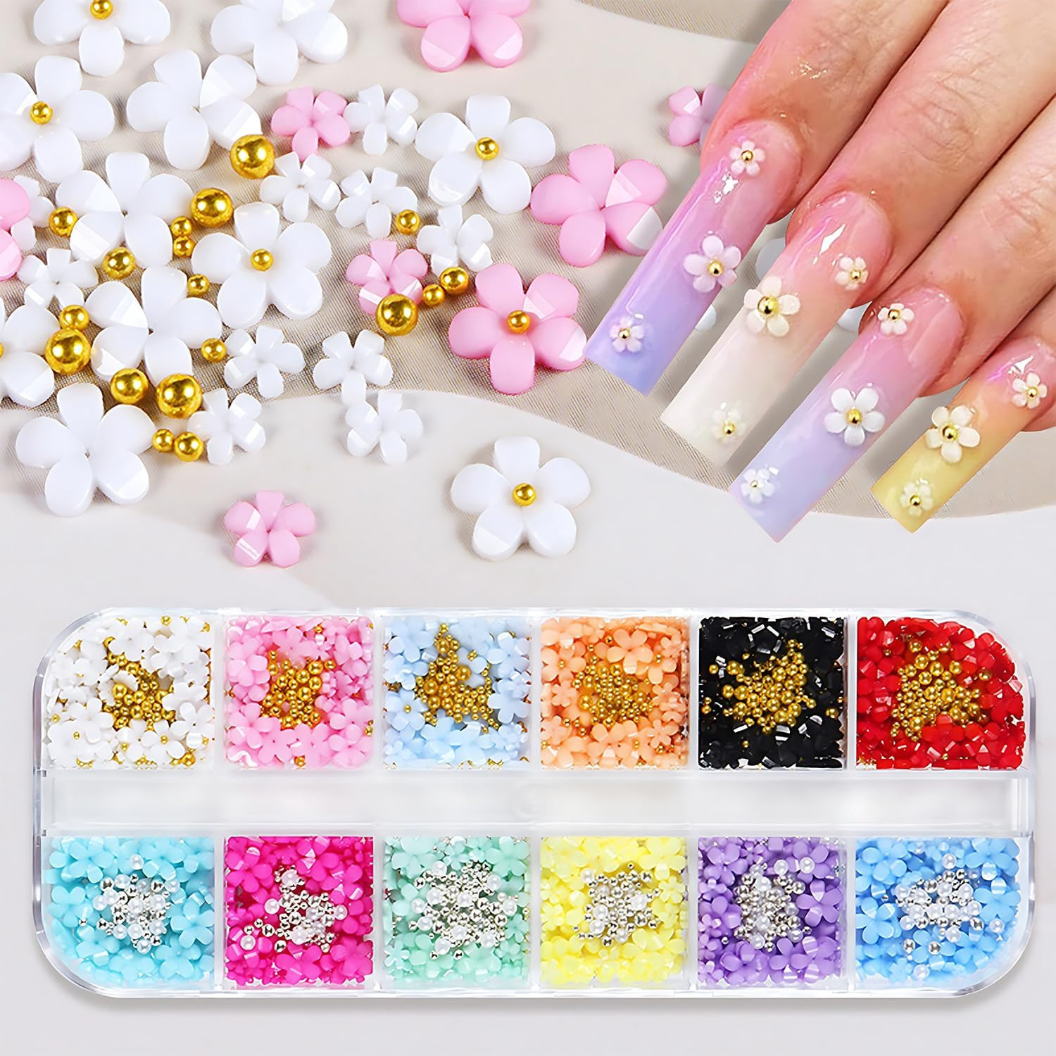 12 Grid 3D Flowers Nail Charms Acrylic Colorful Flowers Nail Art Rhinestones Gol