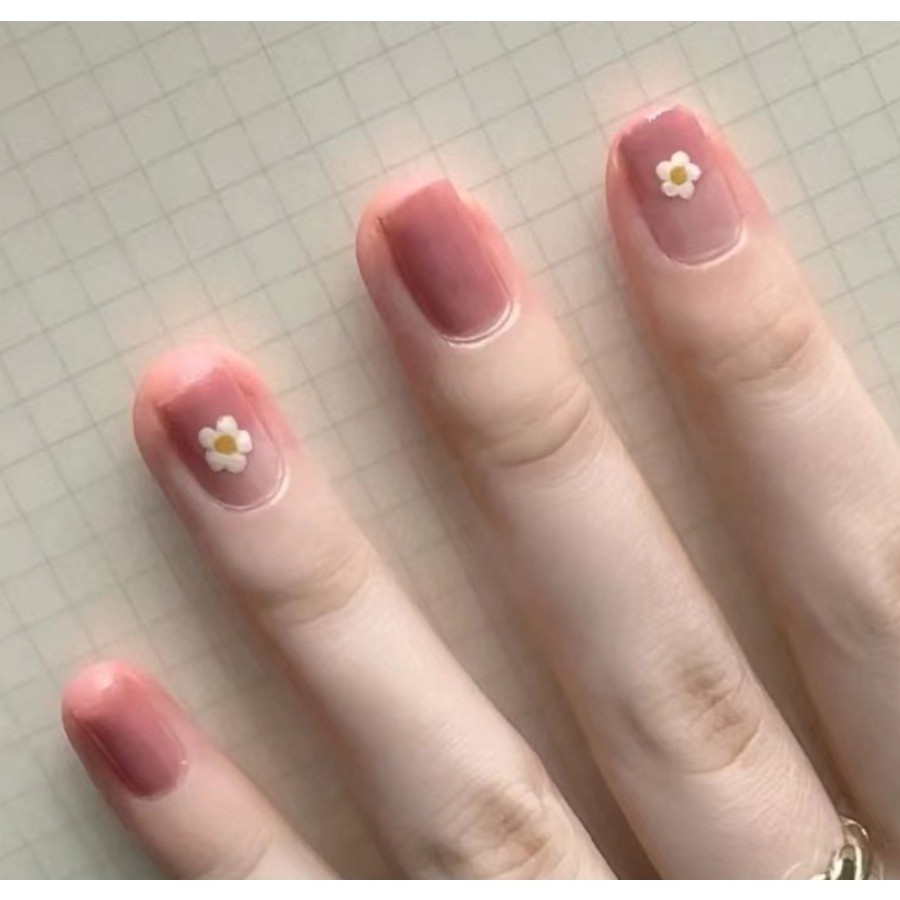 48P Short Square Press on Nails, Dusty Pink Nails with Hand Painted Daisy Flower