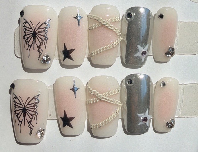 S size Medium Square Pink Silver Black 3D Butterfly Star Press-On Nails Set