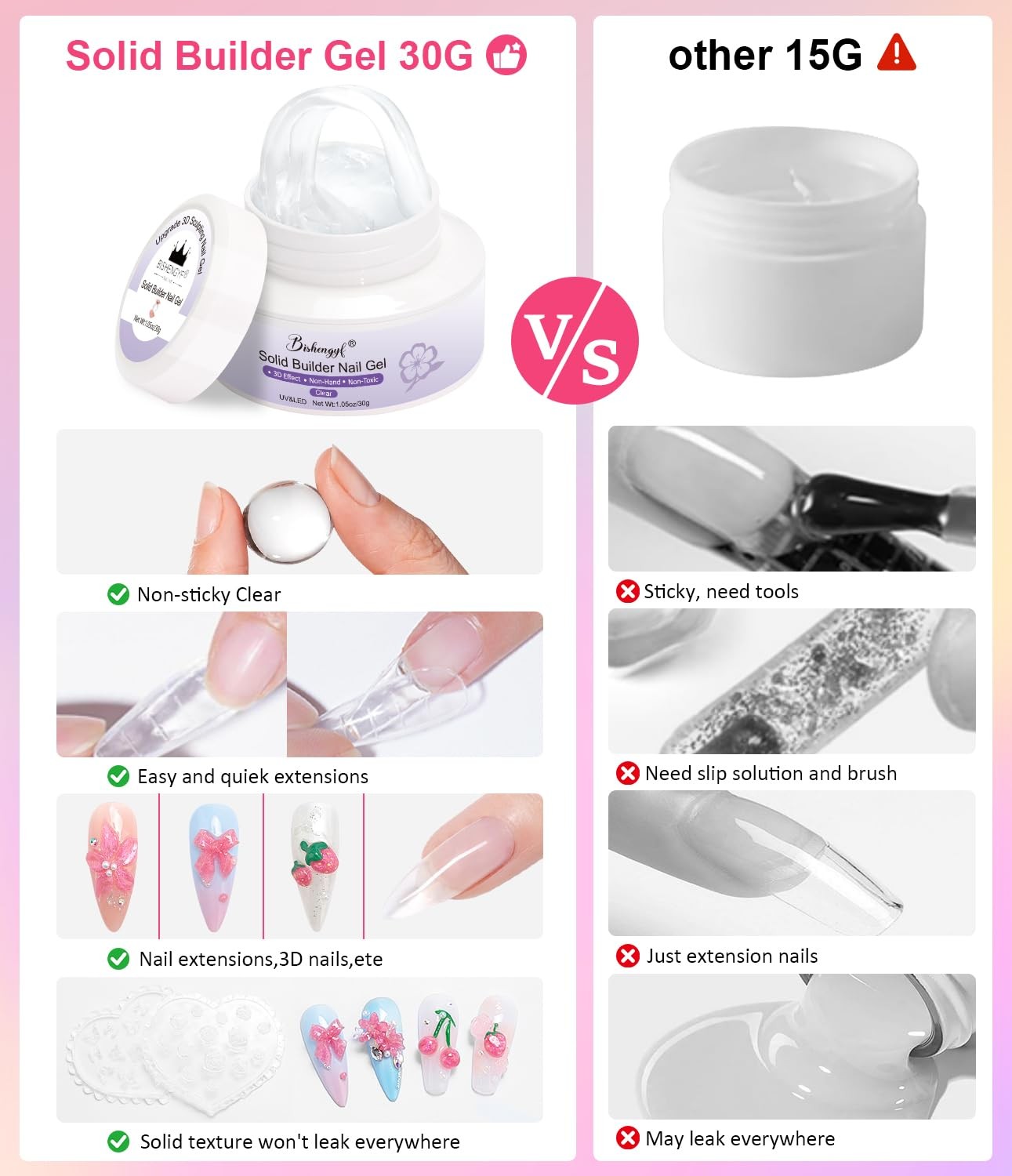 Solid Builder Gel For Nails – Non-Sticky Hand 3D Gel Nail Art Easy Shape 3D S…