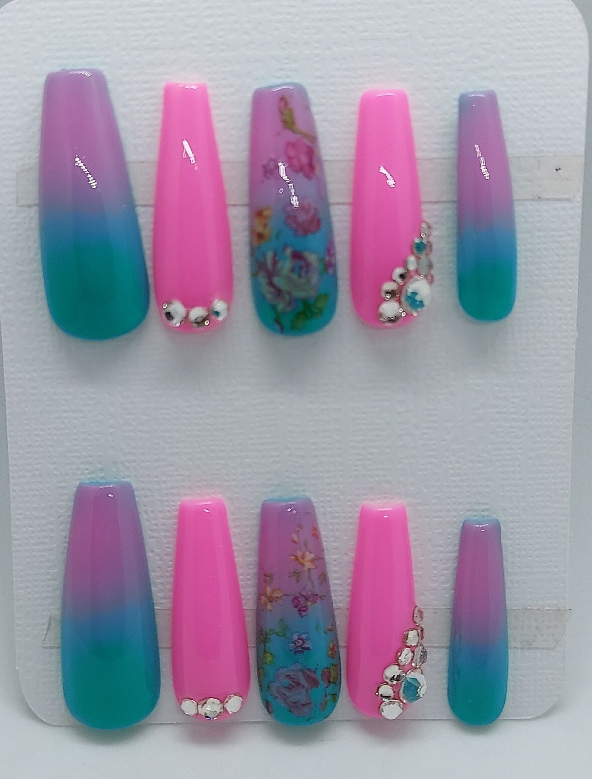 Pink Nails Teal Turquoise Nails Floral Spring Nails Crystals Press on Nails