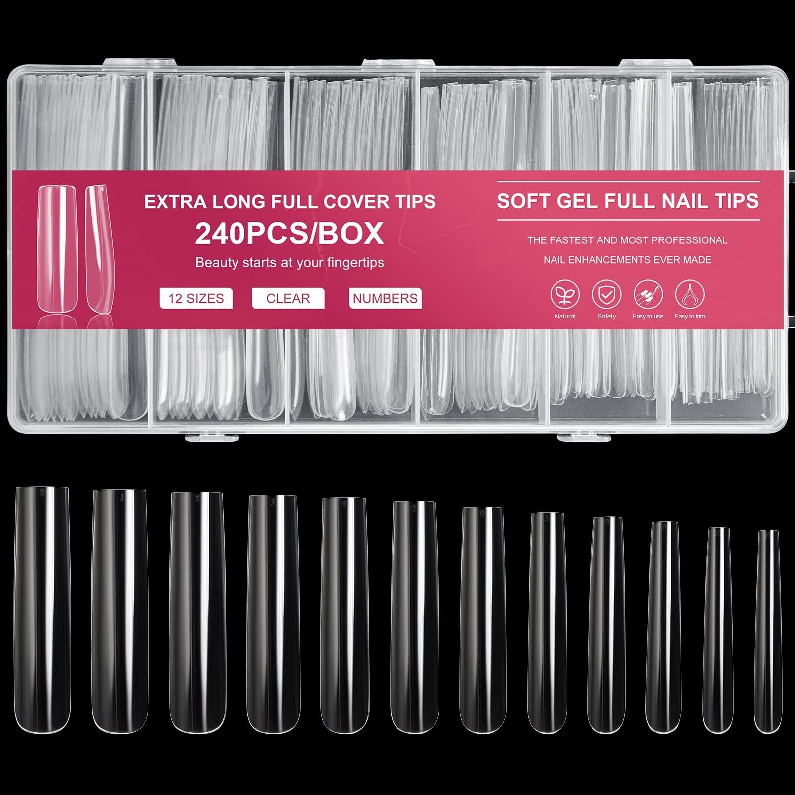 Extra Long Square Full Cover Nail Tips 240PCS XXXL Clear Full Cover Fake Nails
