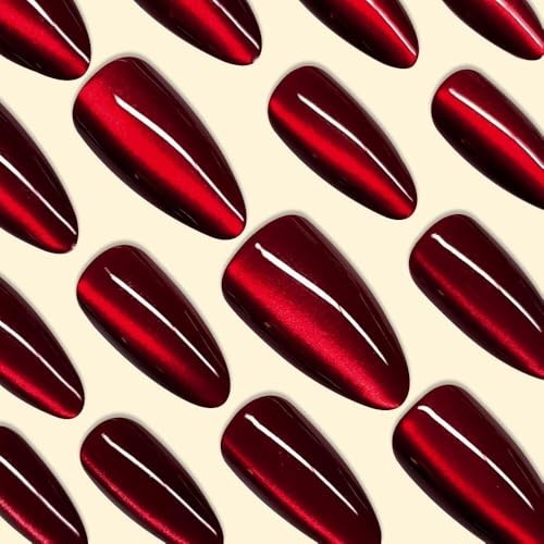 Dark Red Press on Nails Cat Eye, Valentines Burgundy cateye almond burgundy