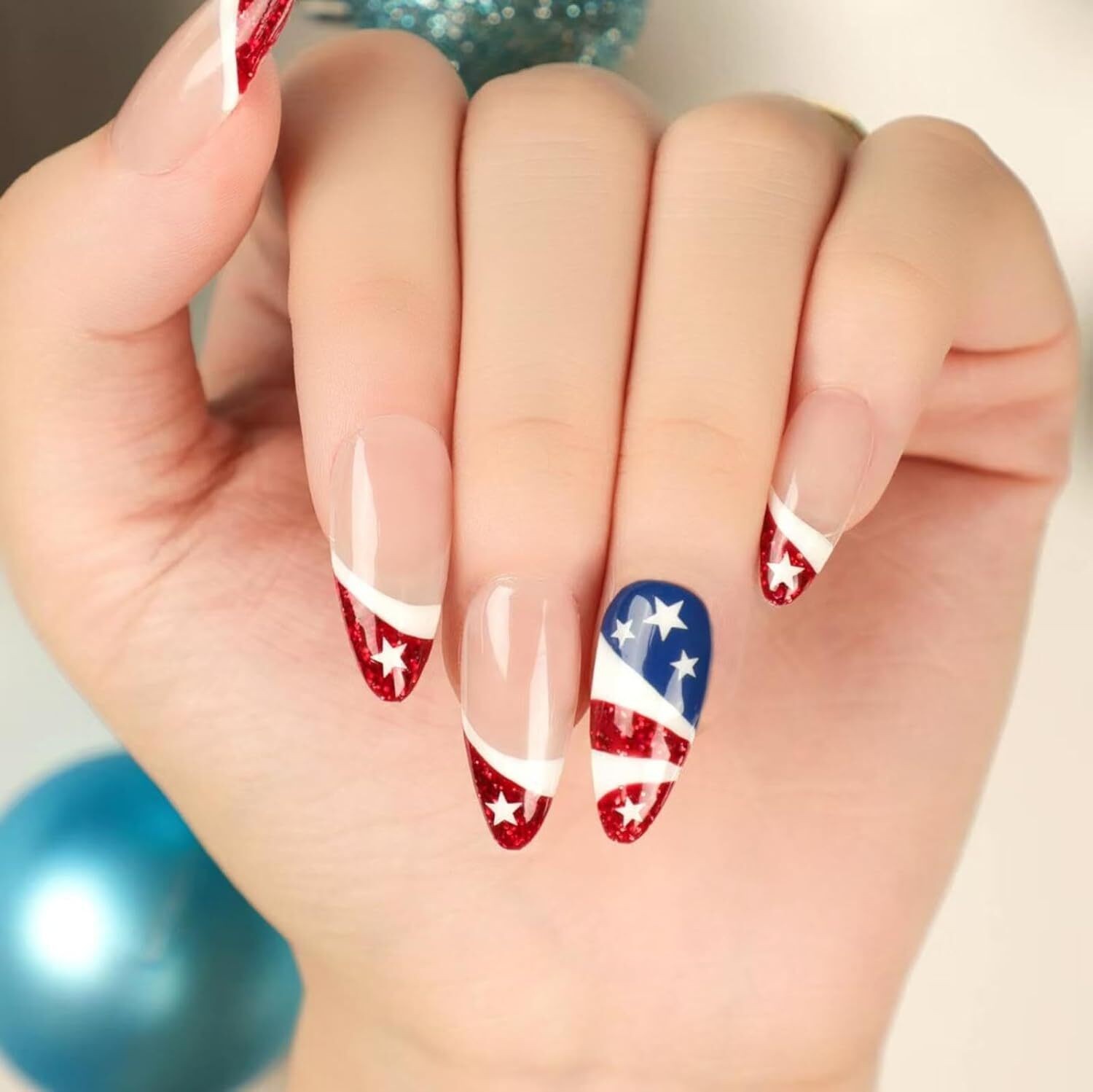 White French Tip Press On Nails Medium Almond 5D Flower Pearl Fake Nail Set