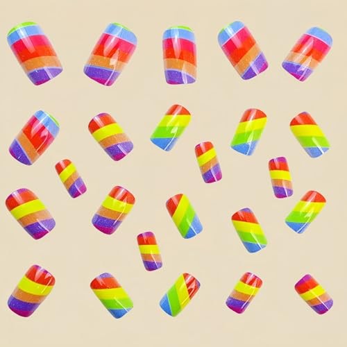 Rainbow Press on Nails Medium Square Fake Nails with Colorful Stripes Style 7