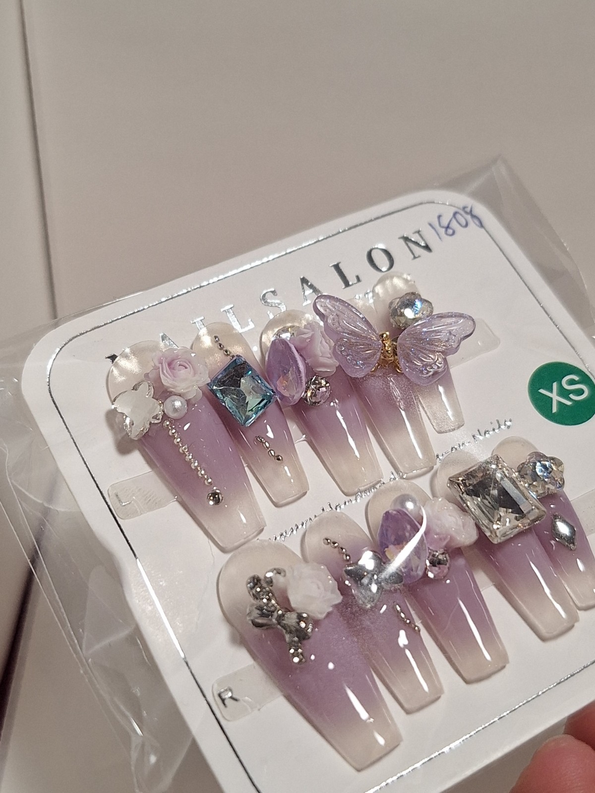 XS Press-On Nails Purple White 3D Shiny Butterfly Flower Sparkle