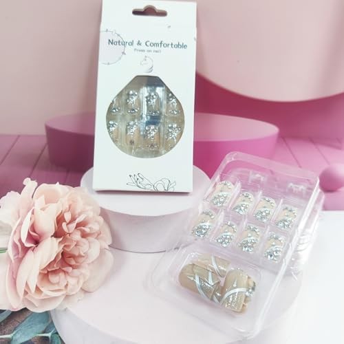 Silver Curve Line Press on Nails 24Pcs Rhinestones Stick on Nails Crystal Queen