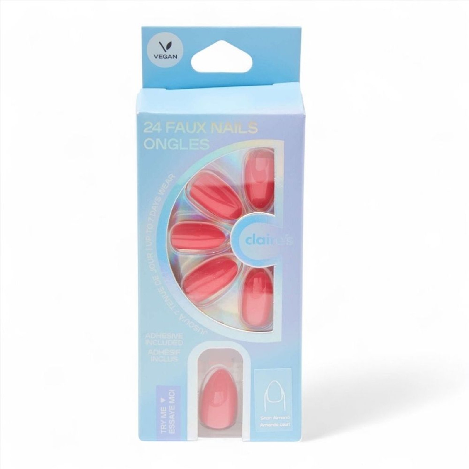 Claire’s Coral Pink Glossy Short Almond Vegan Faux Nail Set – 24 Pack