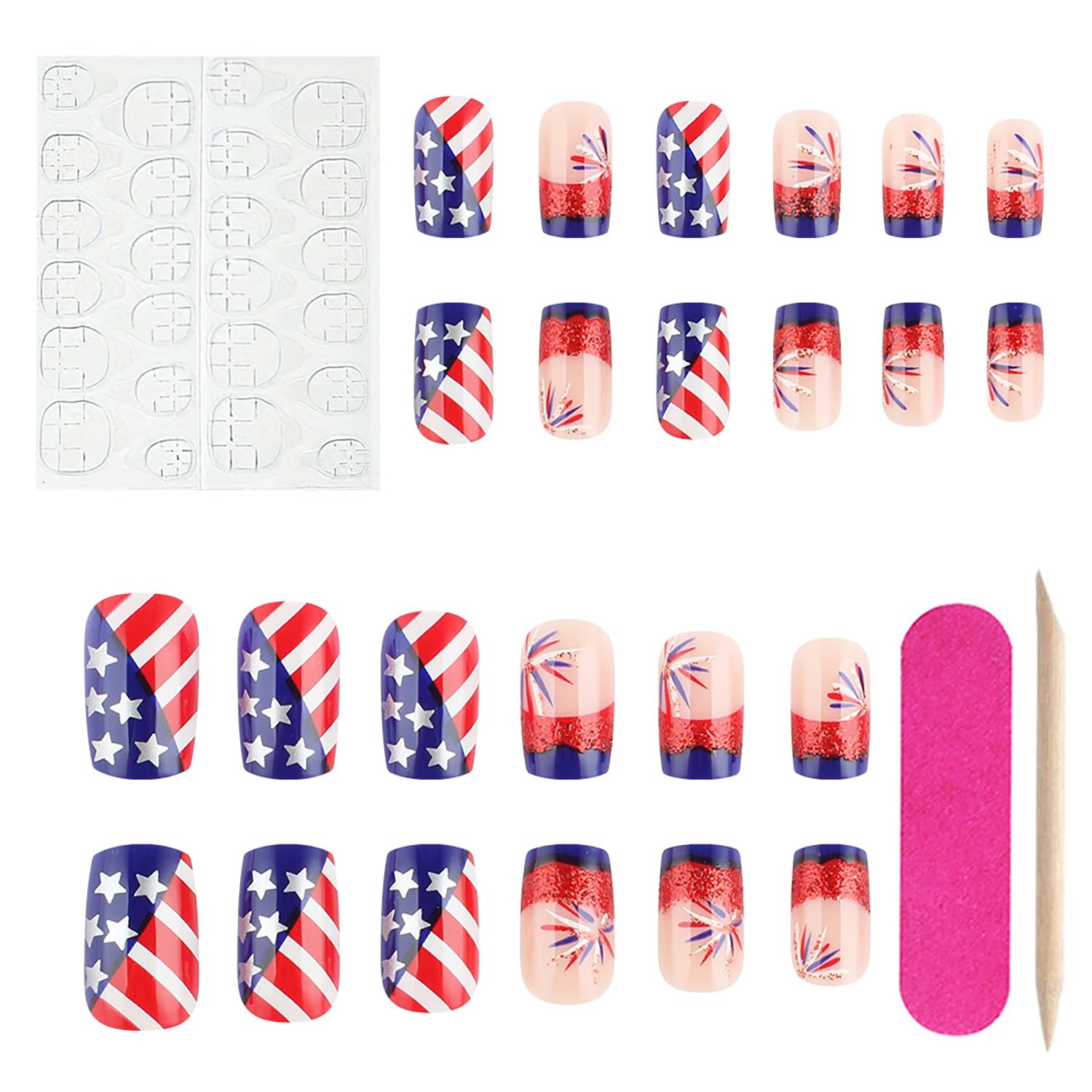 24Pcs 4th of July Press on Nails Short Square Fake July-14, Multicolor