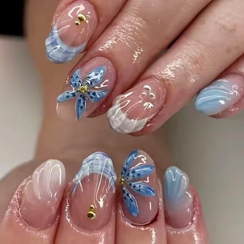 French Tip Press on Nails – Medium Short Round Fake Nails – 3D Colorful-13