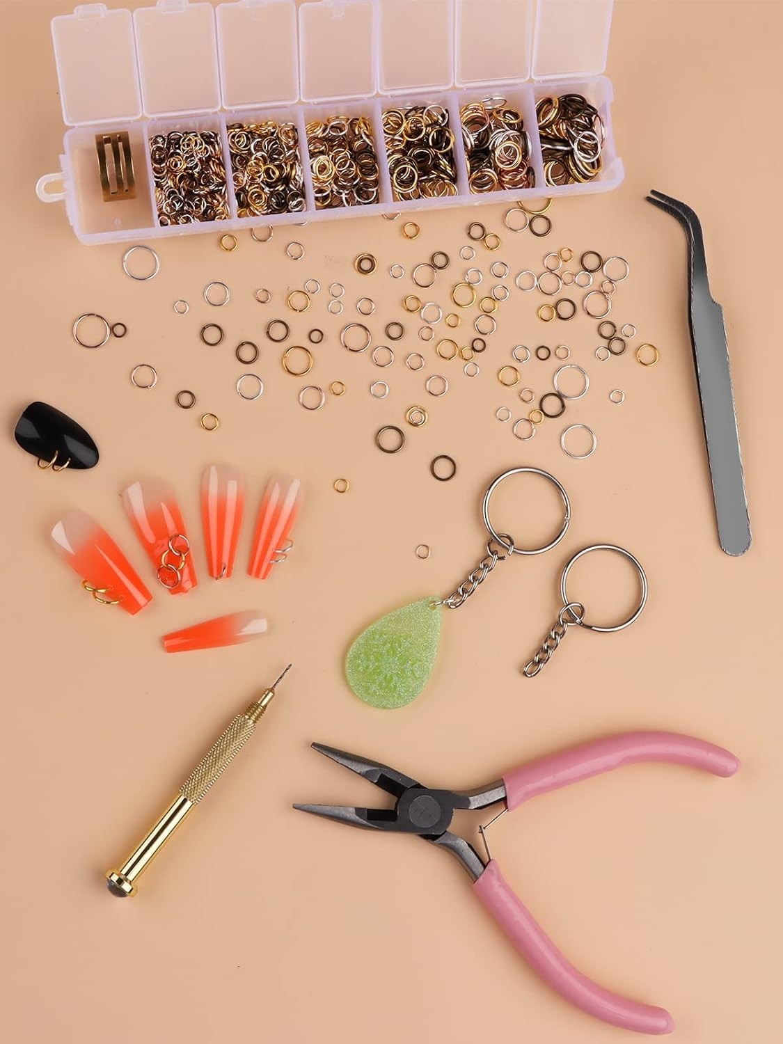 Nail Art Jewelry Making Set 1014 Pcs with Jump Rings, Pliers, Tweezers & Opener