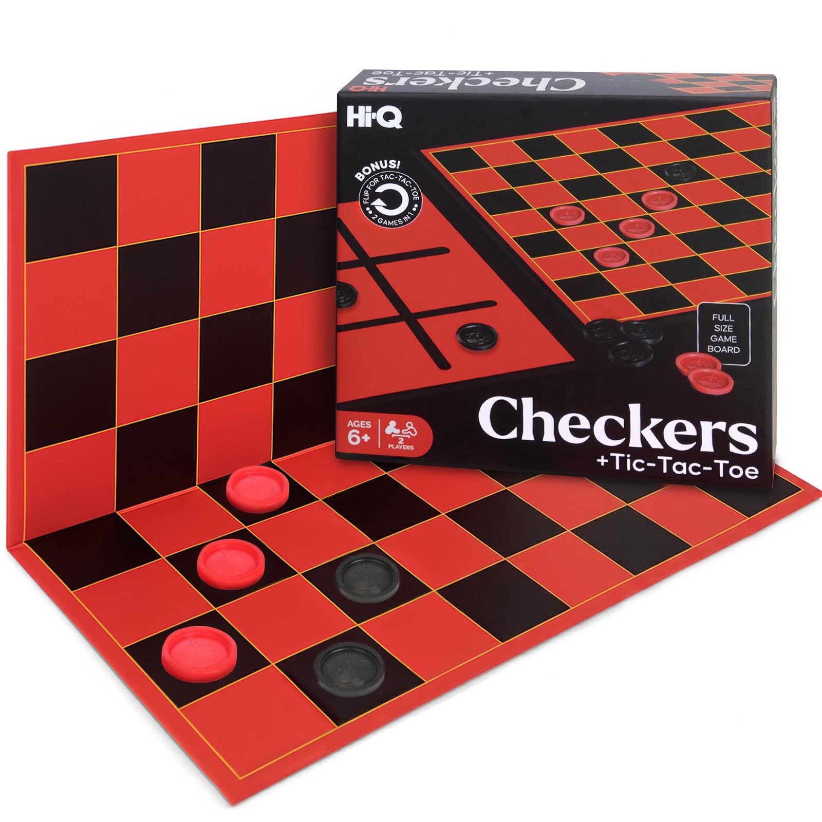 HI-Q Checkers & Tic-Tac-Toe Board Game Set – Classic One Size, Black Red