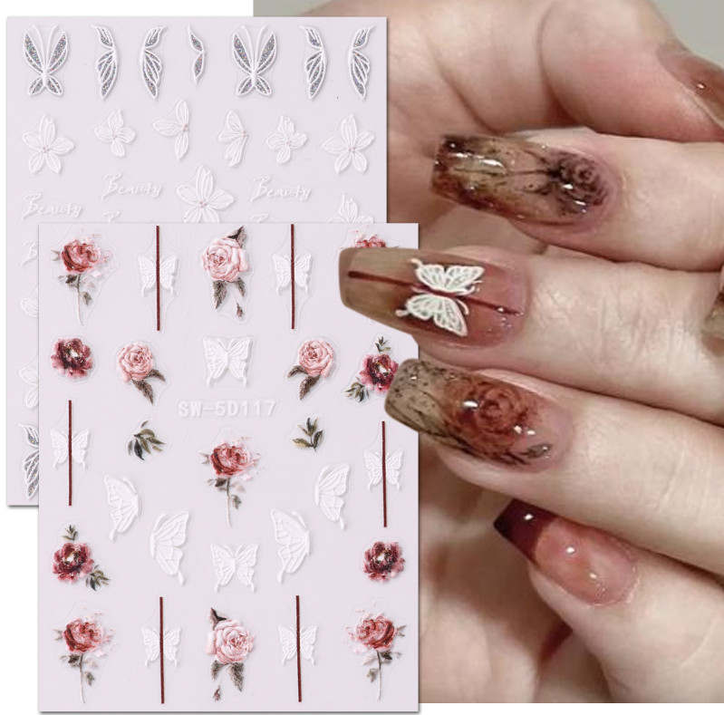 5D Embossed Daisy Tulip Butterfly Camellia Flower Nail Art Stickers Manicure