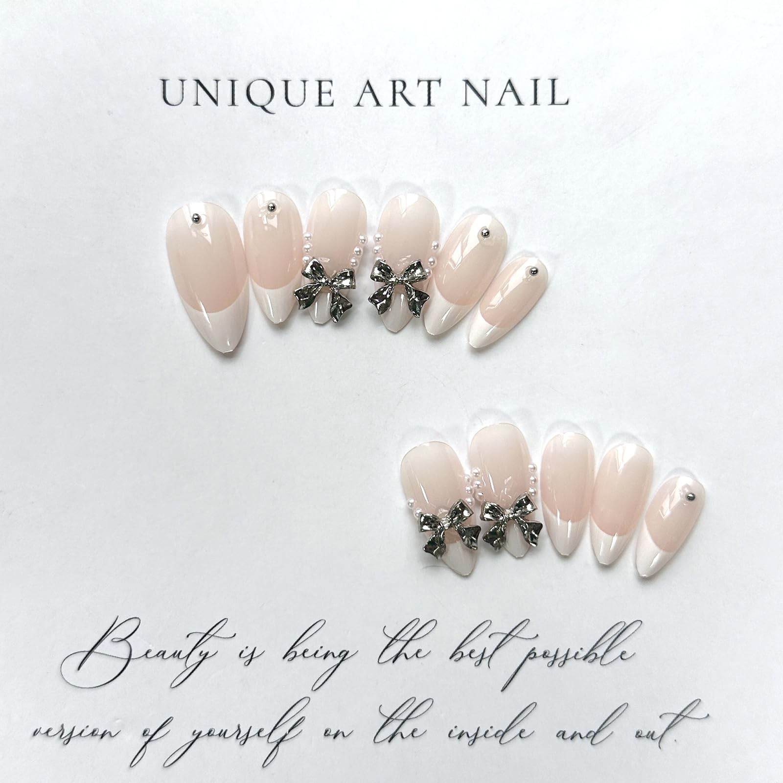 French Tip Almond Glue on Nails – Medium Length False Nails with Silver Bow P…
