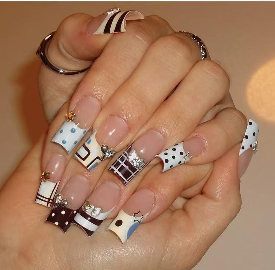 Custom Handmade French Tip Plaid Polka Dot Star Bow Long Square Press on Nails