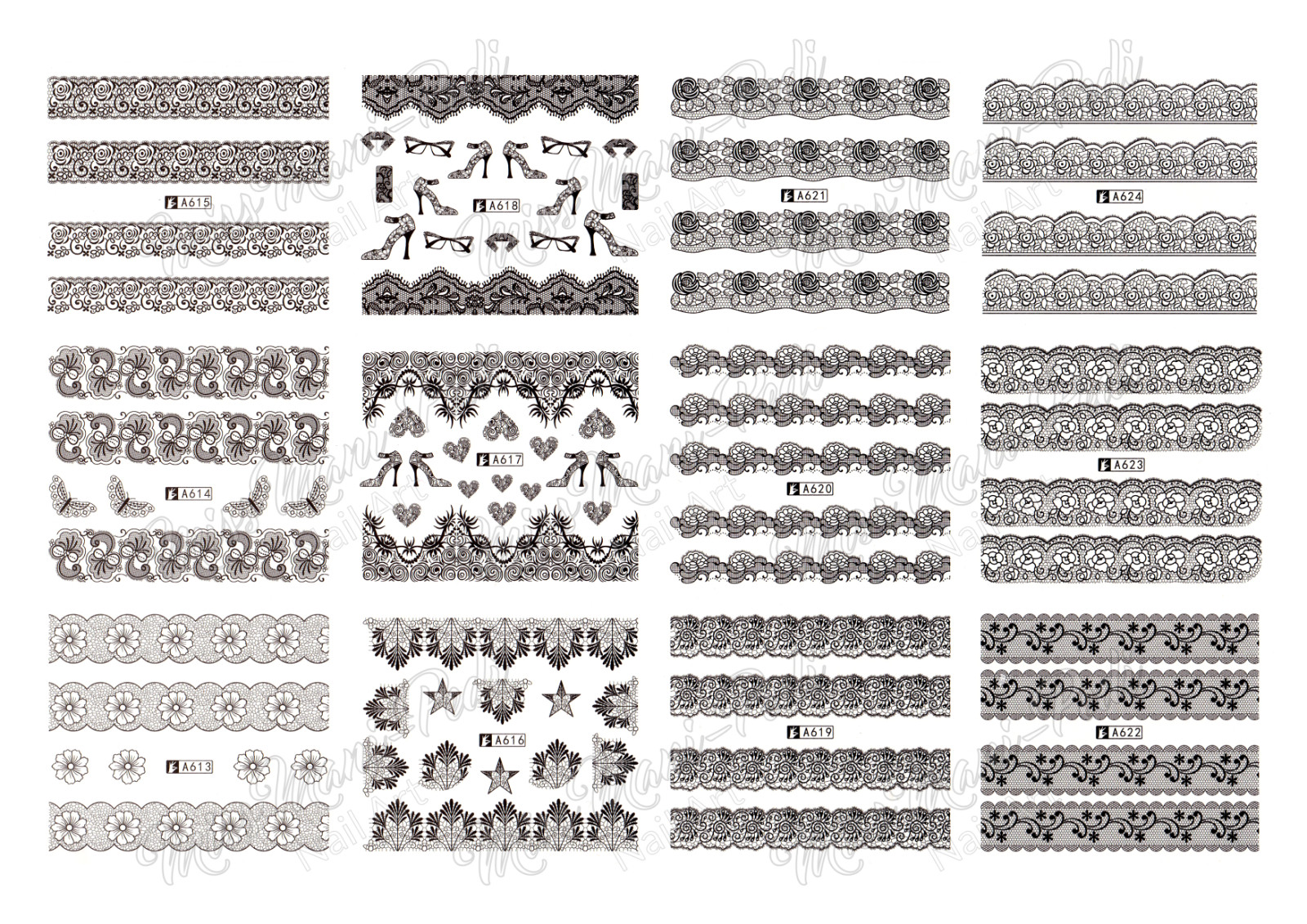 40 Sheets White Black Lace Nail Decals Water Transfers Wedding Stickers DIY NS11