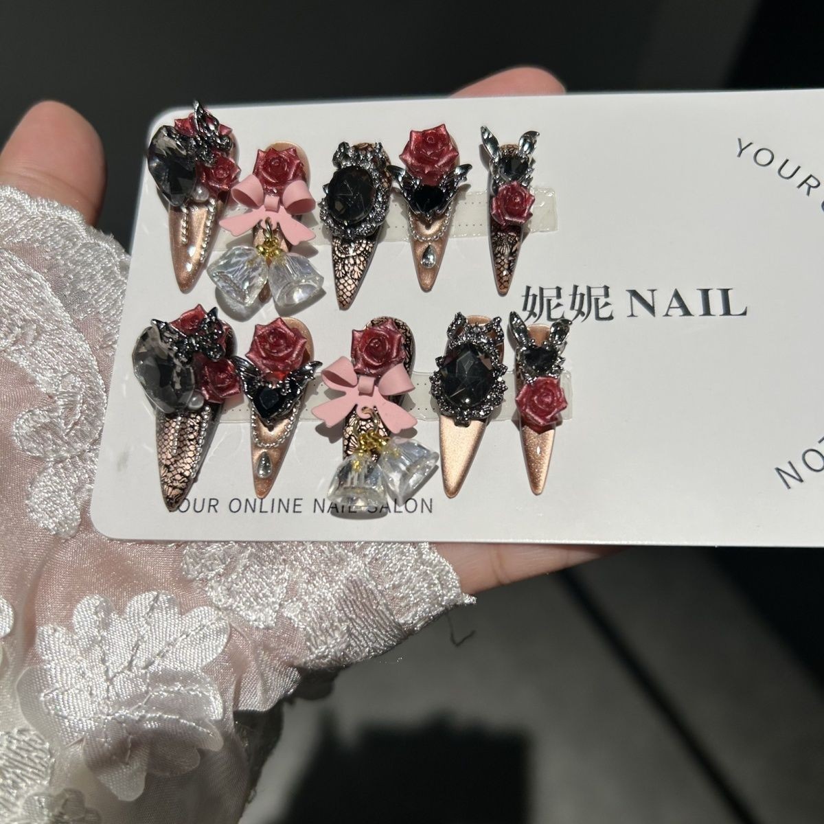 Gothic Cat Eye Rose Press On Nails Dark Handmade Detachable Design