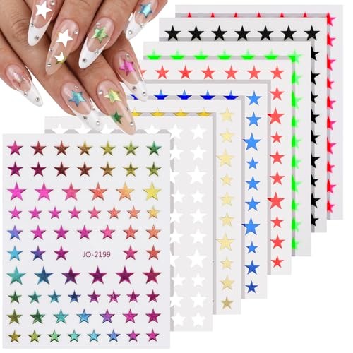8 Sheets Mixed Color Star Nail Stickers, Self Adhesive Nail Art Decals, Gold