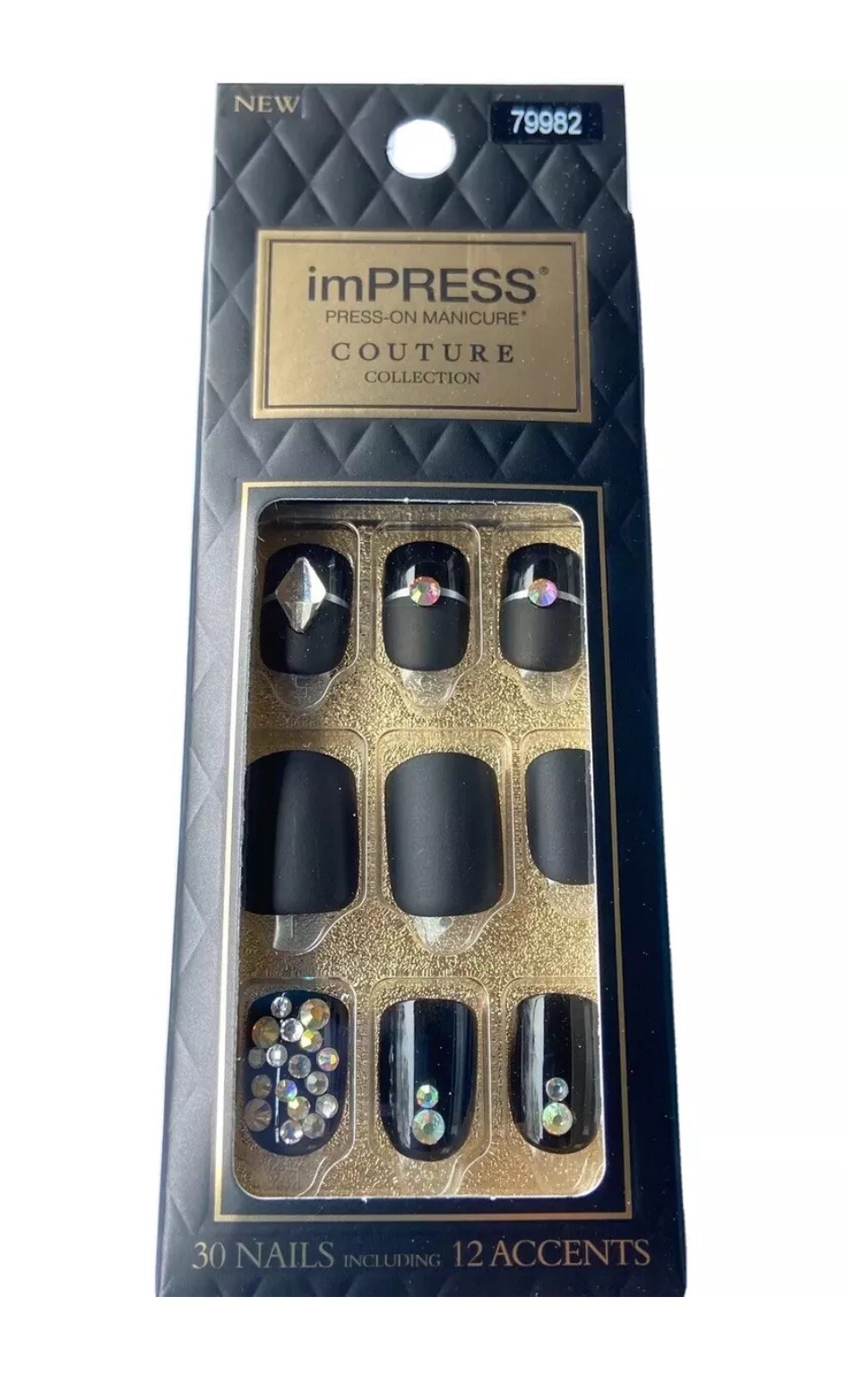 NEW Kiss Nails Impress Press On Manicure Short Gel Matte Black Silver Couture