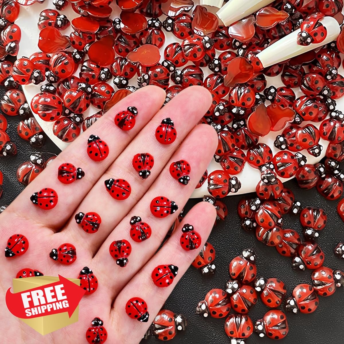 SHUXILIN 200pc Ladybug Nail Charms Red Resin 3D Rhinestones