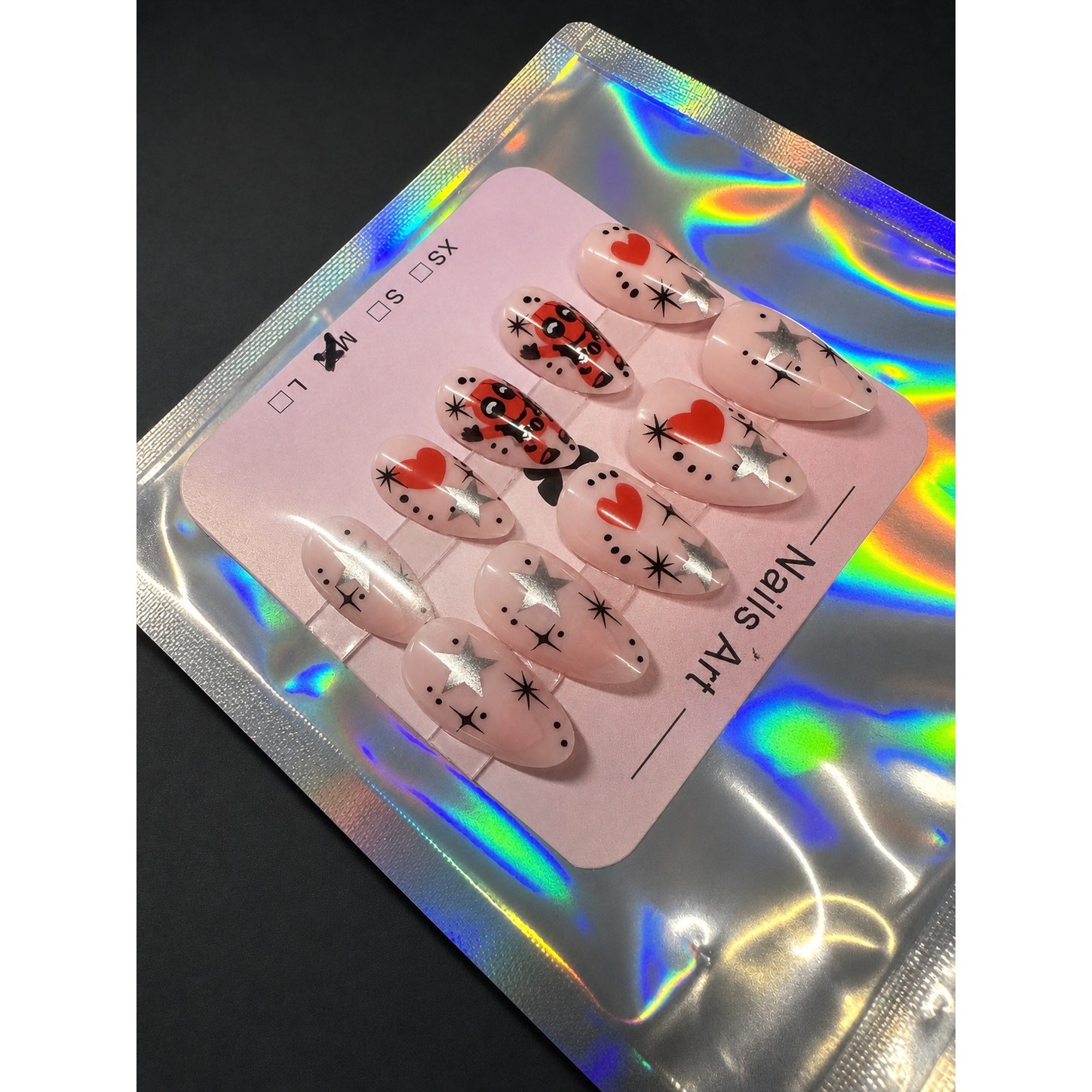 Pink Heart Antihero Comic Character Press On Glue On Nails Handmade Almond Shape