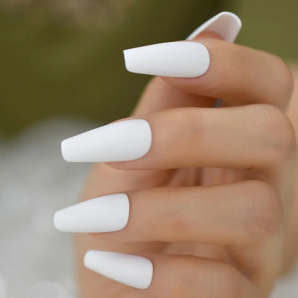 White Press On Nails Glue On Matte or Glossy Long Coffin 24