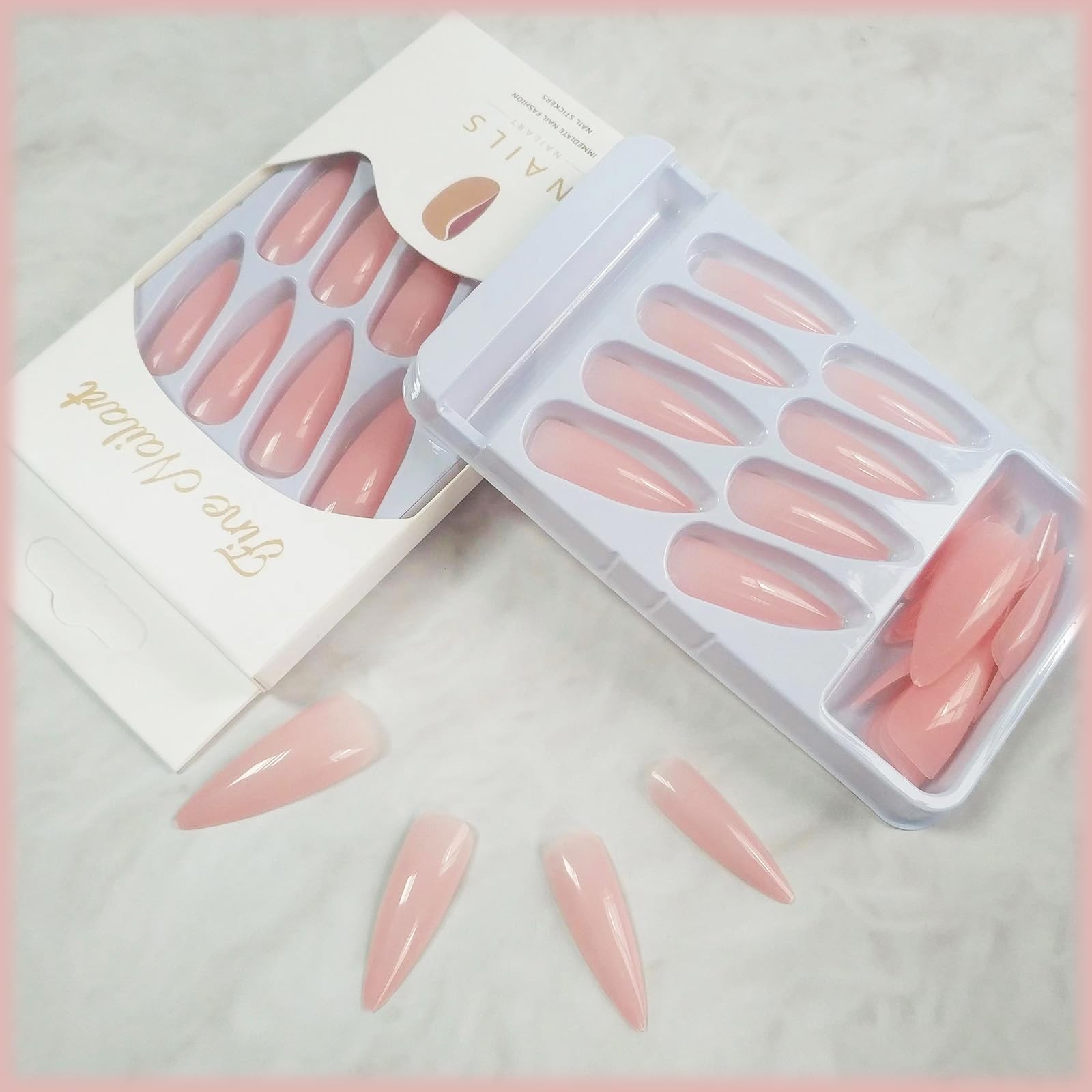 24pcs Stiletto Press-on Nails – Long, Glossy Light Pink, Solid Color Design, Sti