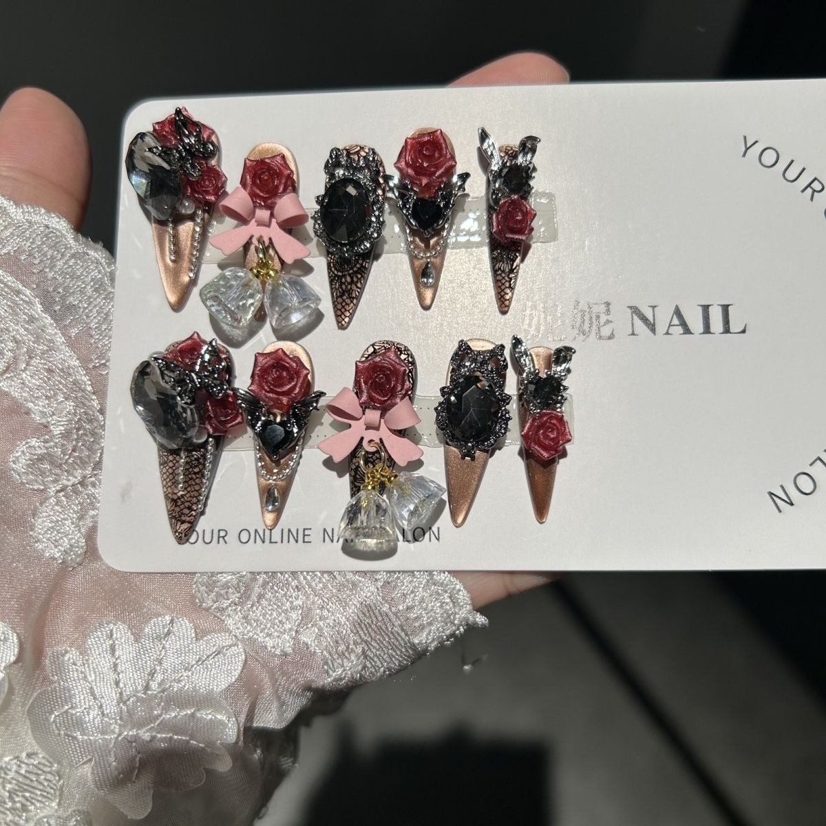 Gothic Cat Eye Rose Press On Nails Dark Handmade Detachable Design