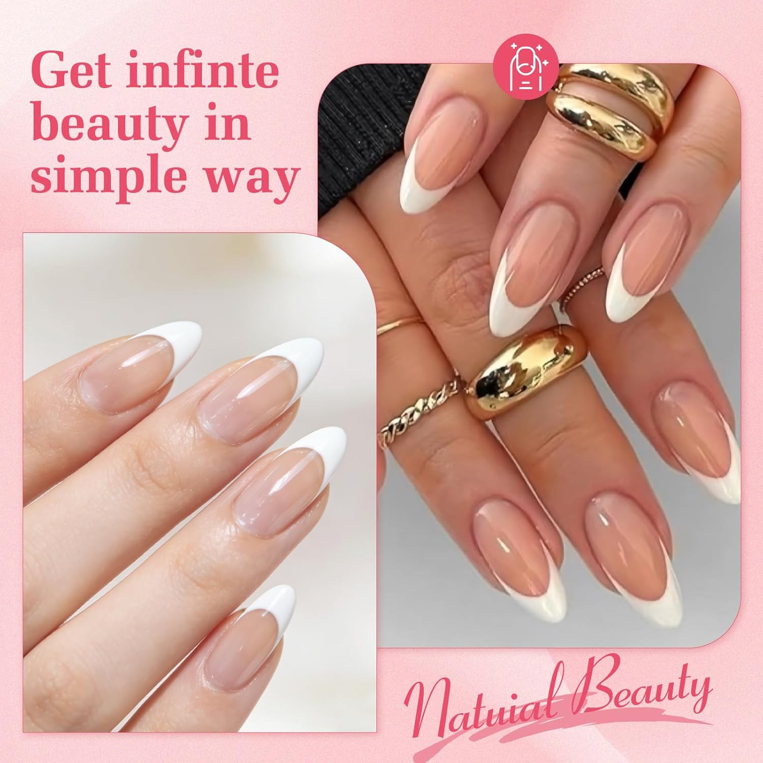 French Tip Press On Nails – Medium Pointed Almond Shape, 15 Sizes 30 Pcs Soft Ge