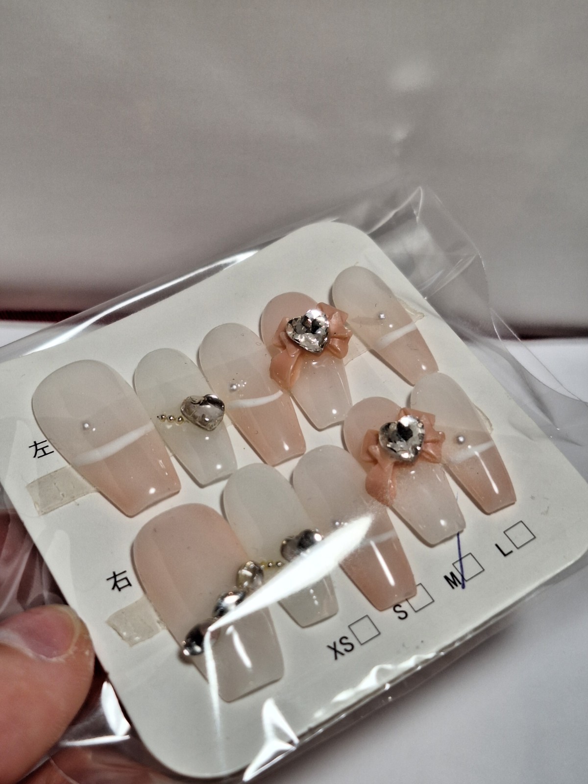 Medium Press-On Nails Peach White 3D Shiny French Square Bow Heart Full Cover