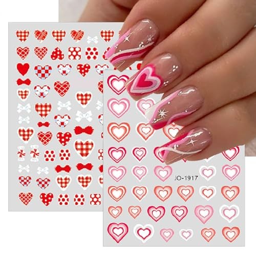 8 Sheets Valentine’s Nail Art Stickers Pink Plaid Nail Decals 3D Self Heart