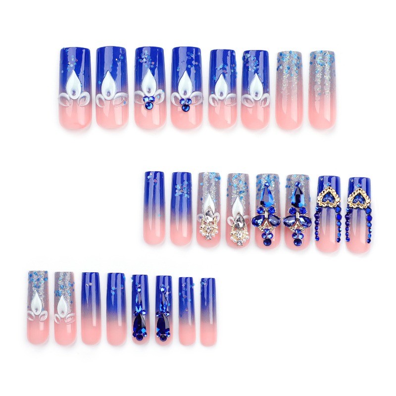 24pcs Luxury Bling Nails Press on Coffin with Blue Ombre and 3D Gem Accents