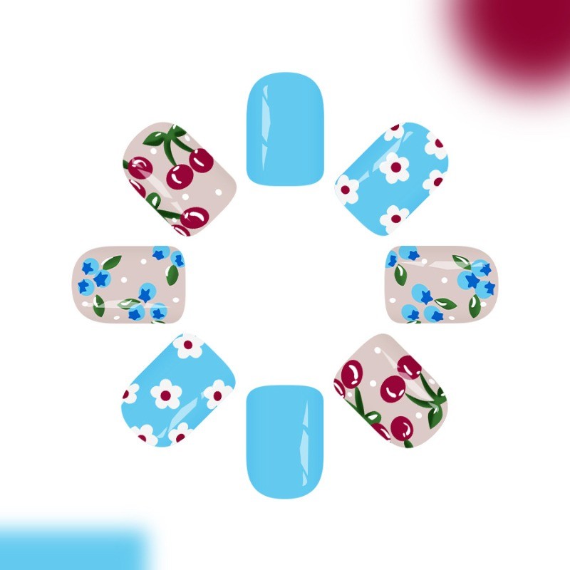 48PCS Short Square Pink Blue Cherry Blossom Reusable Pink Blue Fake Nail Art