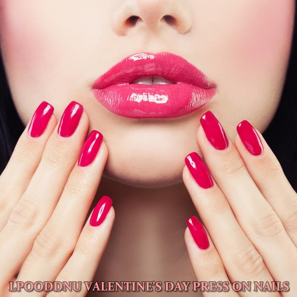 White French Tip Press on Nails Medium Square Valentine’s Day Fake Nails with…