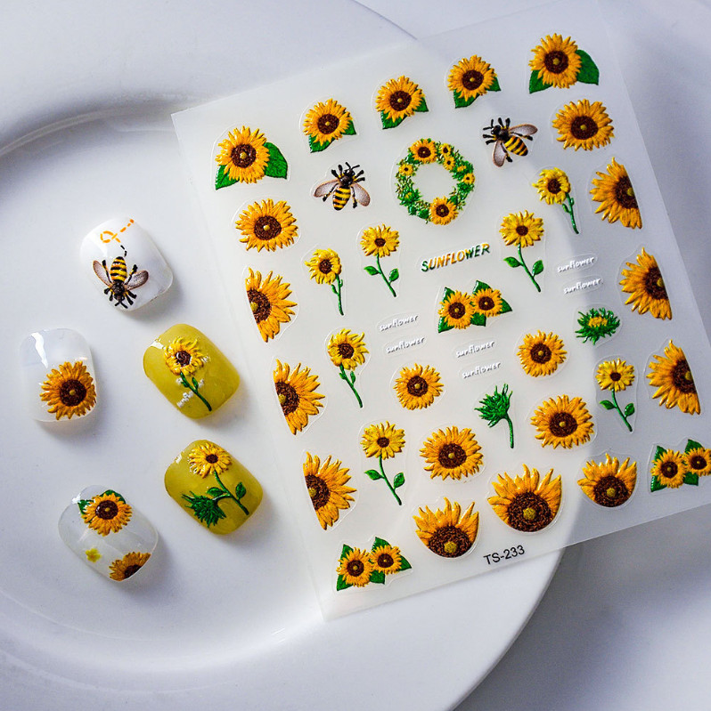 5D Sunflower Daisy Love Bee Flower Nail Art Stickers Self-adhesive NH23