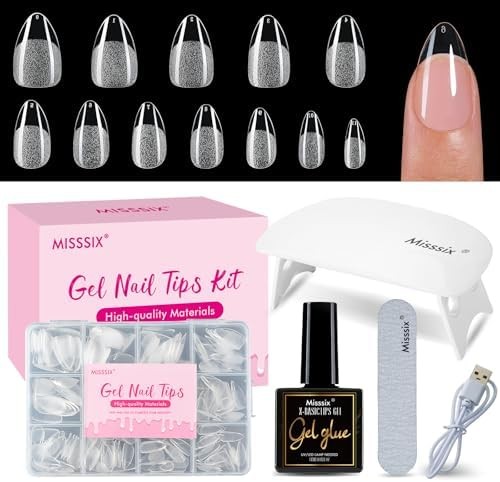 Misssix Short Almond Gel Nail Tips Kit, 216Pcs Pre Etched Clear Fake Nails, Full