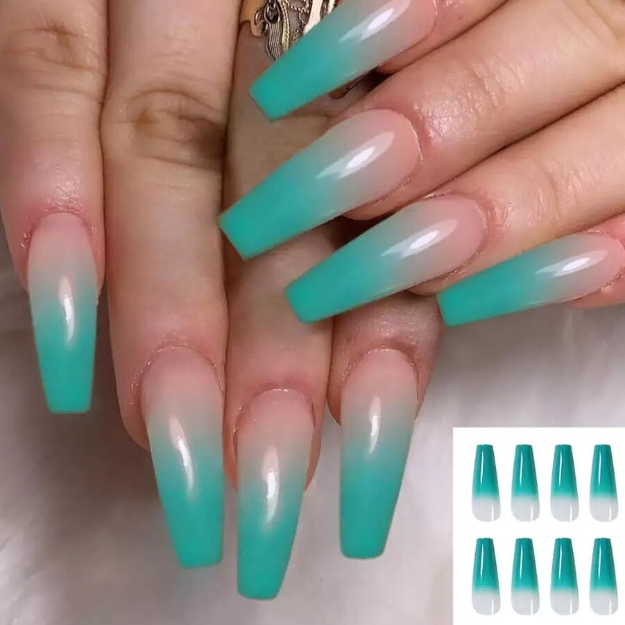 24 Press on Nails kit w Glue extra long Coffin nude teal ombre blue green