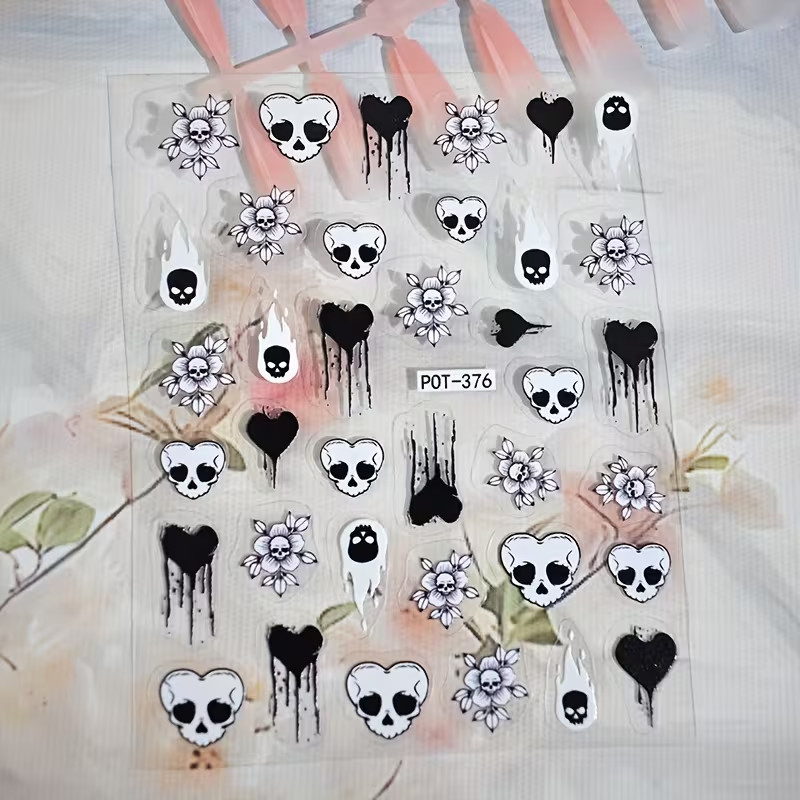 Gothic Heart Skull Nail Stickers Self Adhesive Decals Nail Art